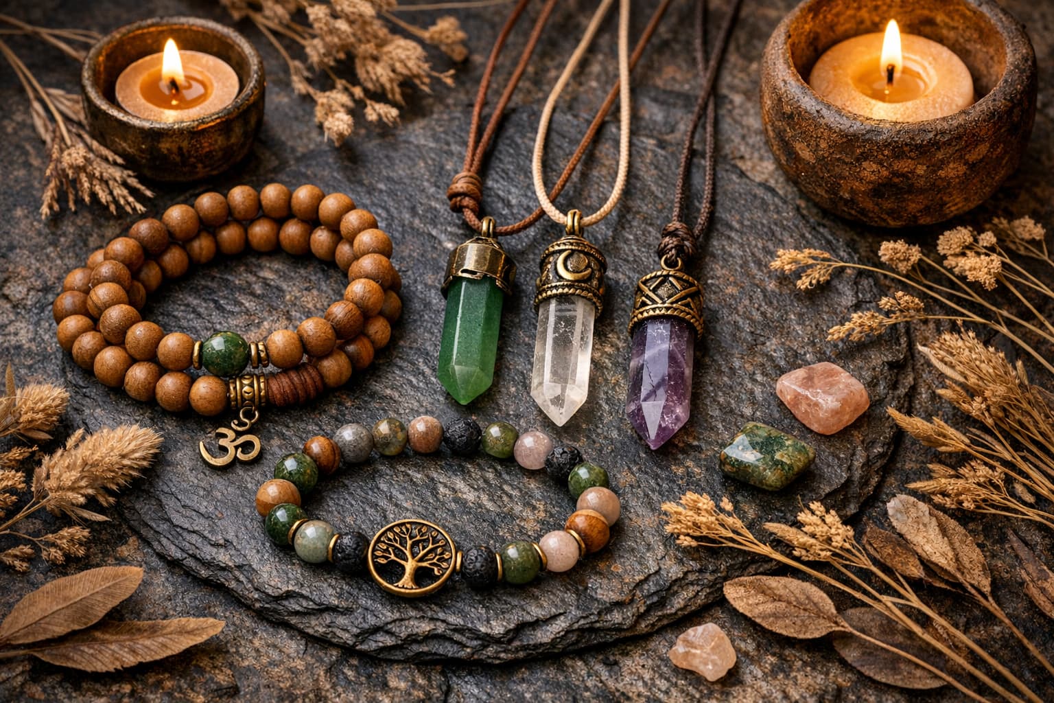 Spiritual eco-friendly jewelry collection with crystals and natural stones