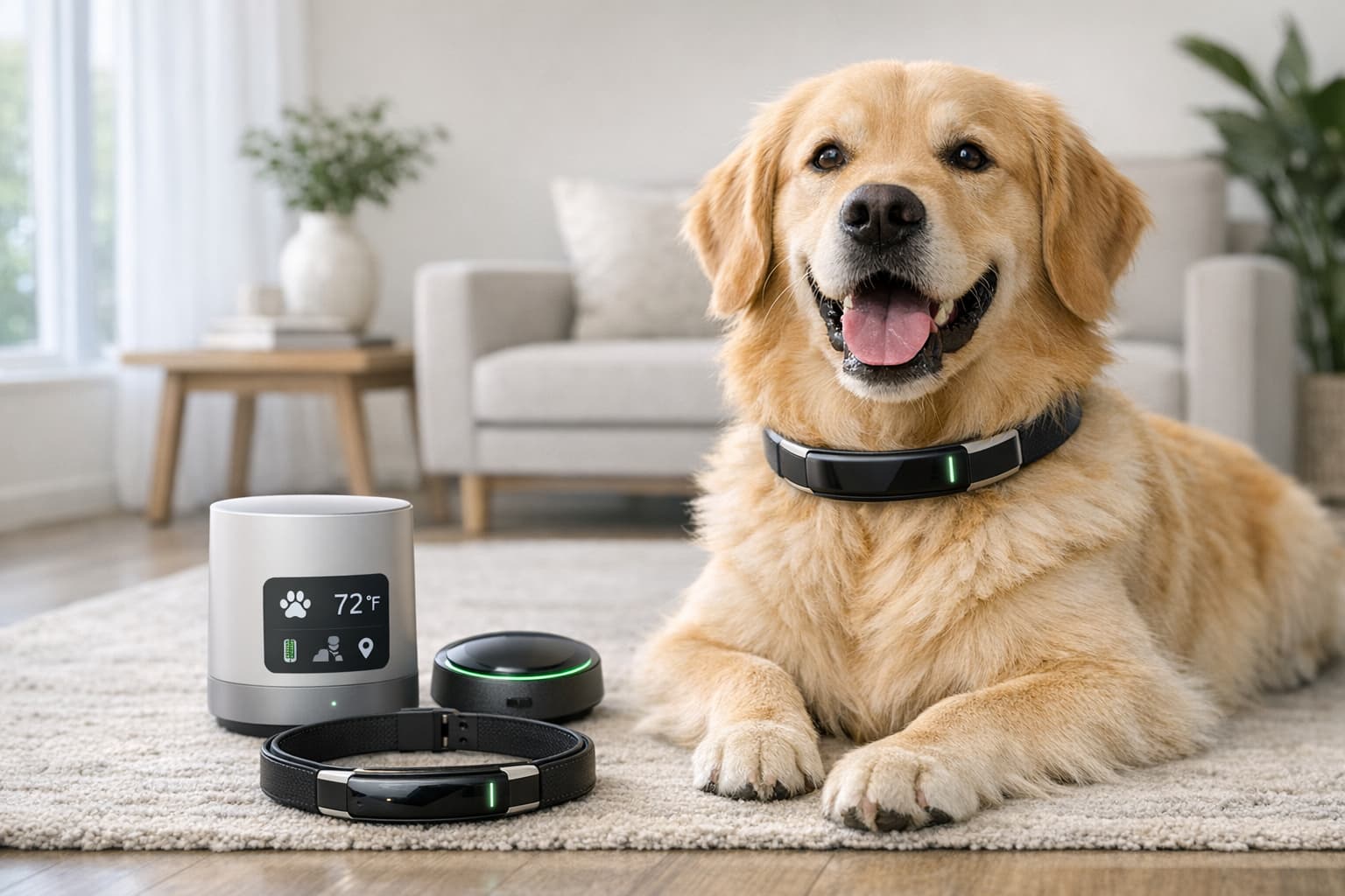 Smart eco-friendly pet technology with dog in modern living room