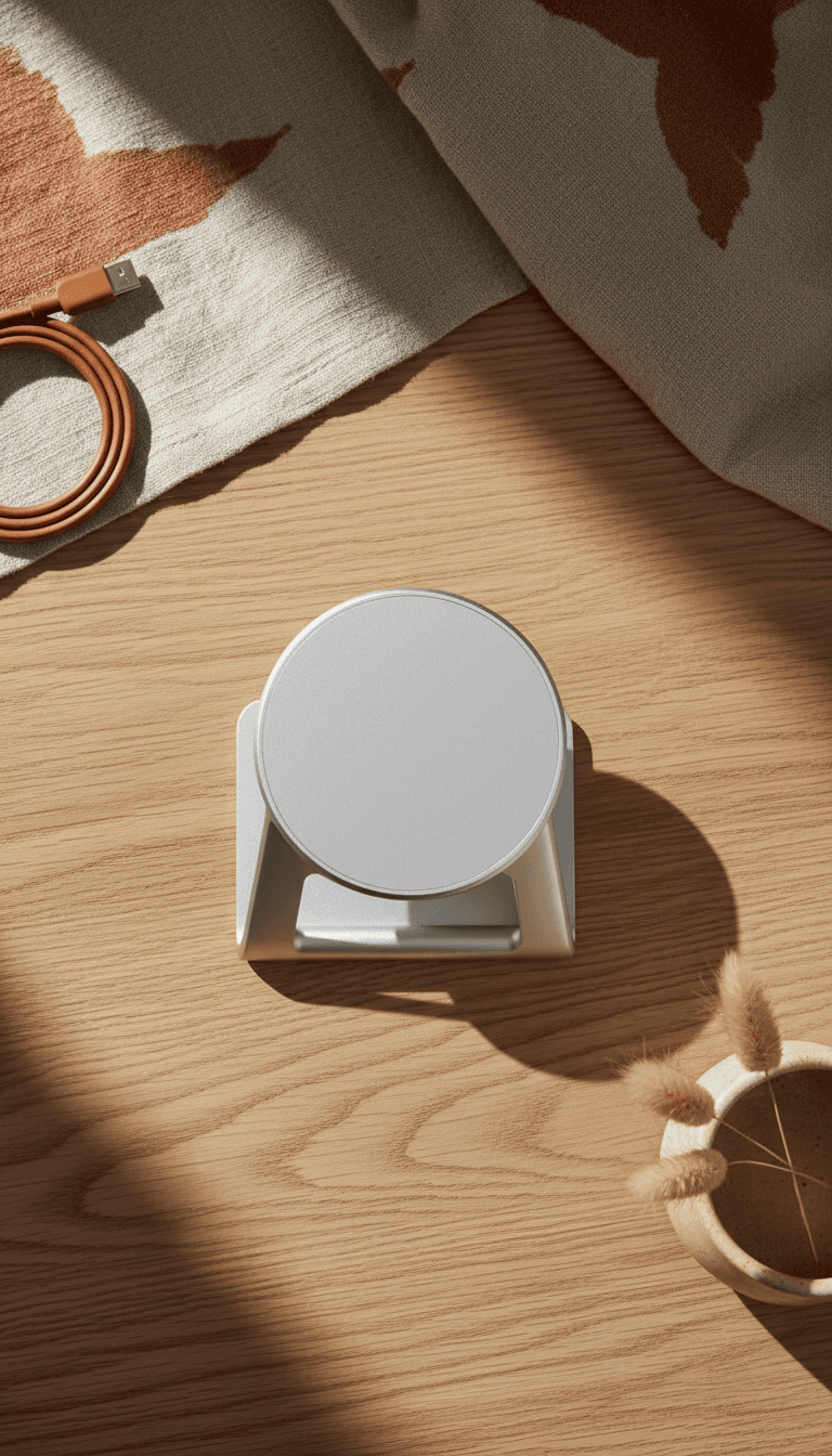Minimalist personal technology product on natural wood surface